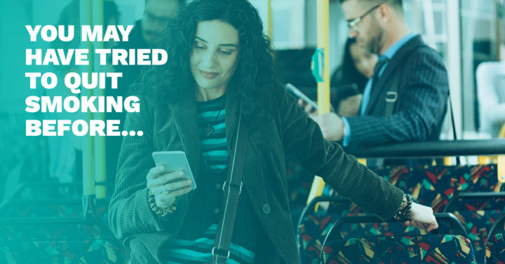 Woman accessing quit smoking resources on the bus. Learn more about quitting smoking.