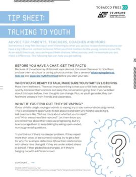 Talking to youth about vape info sheet. Learn more about vaping and the risks.