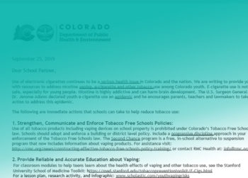 A press release is shown announcing vape-related illnesses in the United States. Learn more about vaping and tobacco prevention in Colorado.
