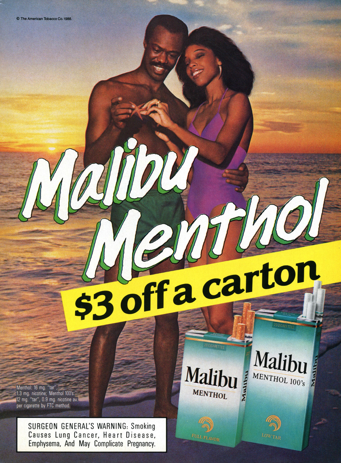 African American couple shown on vacation with an overlay advertising Malibu Menthol cigarettes. The tobacco industry used deceptive advertising to make cigarettes lifestyle products.