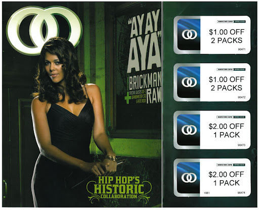 Coupons for cigarettes overlaid on a moody green and black image of woman.