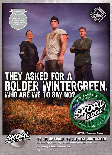 Skoal wintergreen tobacco advertisement showing three strong amen outside with text 