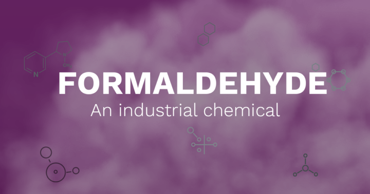 Alt text for a chemical hazard warning graphic showing the word "FORMALDEHYDE" in large white text with "An industrial chemical" as a subtitle against a purple gradient background. Various molecular structure diagrams are scattered across the background in gray outlines.
