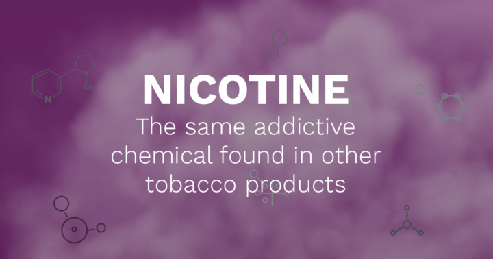 Health warning graphic shows "NICOTINE" in white text with subtitle "The same addictive chemical found in other tobacco products" on purple background with molecular diagrams.