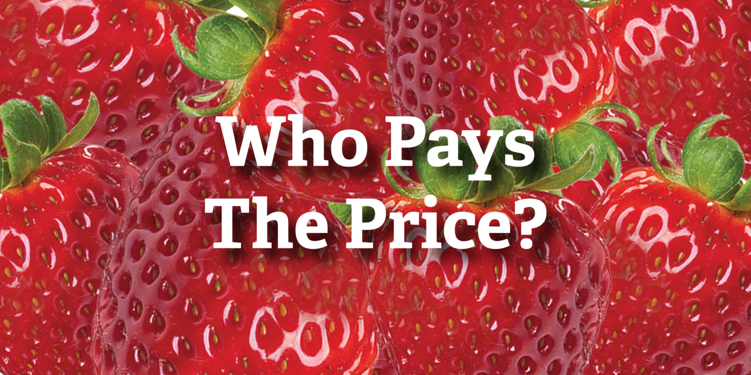 Button with strawberries in the background - "Who Pays The Price?"